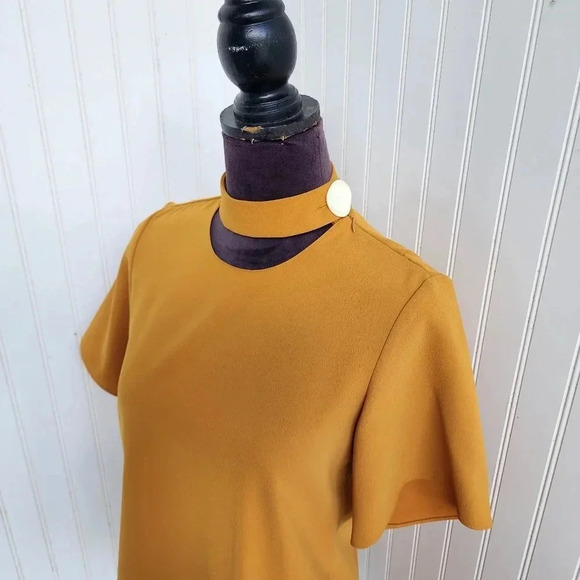 Zara Womens Mustard Yellow Stretch Top Shirt Chocker Neck Button BOHO Sz XS - Picture 3 of 10
